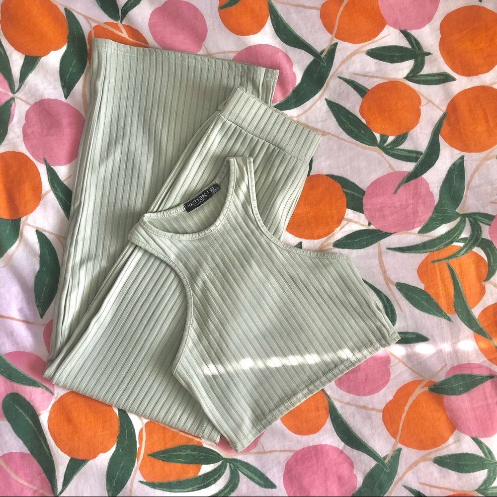 Pistachio Ribbed Racerback and Wide Leg Trouser Matching Lounge Set